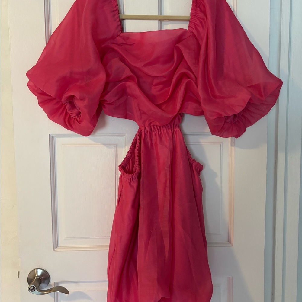 Puff Sleeve Hot Pink Mini Dress Crepe Smocked Peep Hole Sexy Curvy Cocktail